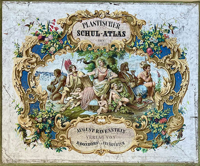 Revenstein's plastischer Schul Atlas. 8 framed maps in relief enclosed in the original box with elaborately chromolithographed paper label