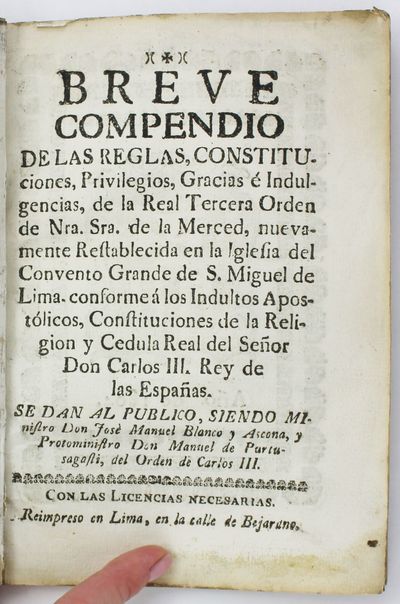 Lima, 1804. About very good.. pp. Small quarto. Contemporary limp vellum. Small library label at low...