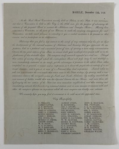[Circular Letter Calling for a Convention in Mobile "For the Purpose of Advancing the Interests of a Projected Road to Connect the Alabama and Tennessee Rivers"]