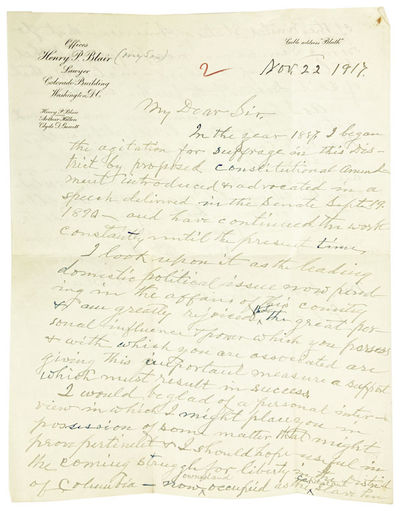 Two-page ALS from former Senator Henry W. Blair to Washington Times Editor Arthur Brisbane regarding Suffrage for Washington, DC