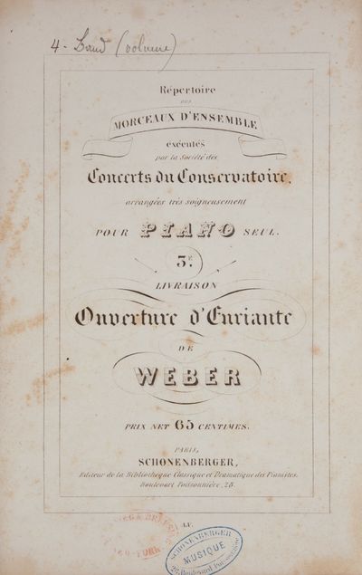 Répertoire des Morceaux d'Ensemble éxécutés par la Société Concerts du Conservatoire, arrangées très soigneusement pour Piano seul. [Operatic overtures arranged for piano solo]