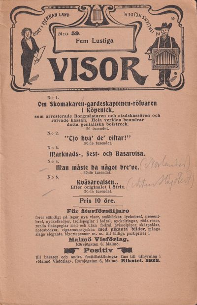 Fem lustiga visor. [Utg. av] Malmö Visförlag.