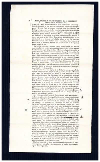 Post mortem examinations for accident insurance companies [and] Found drowned. Galley proof, with autograph corrections