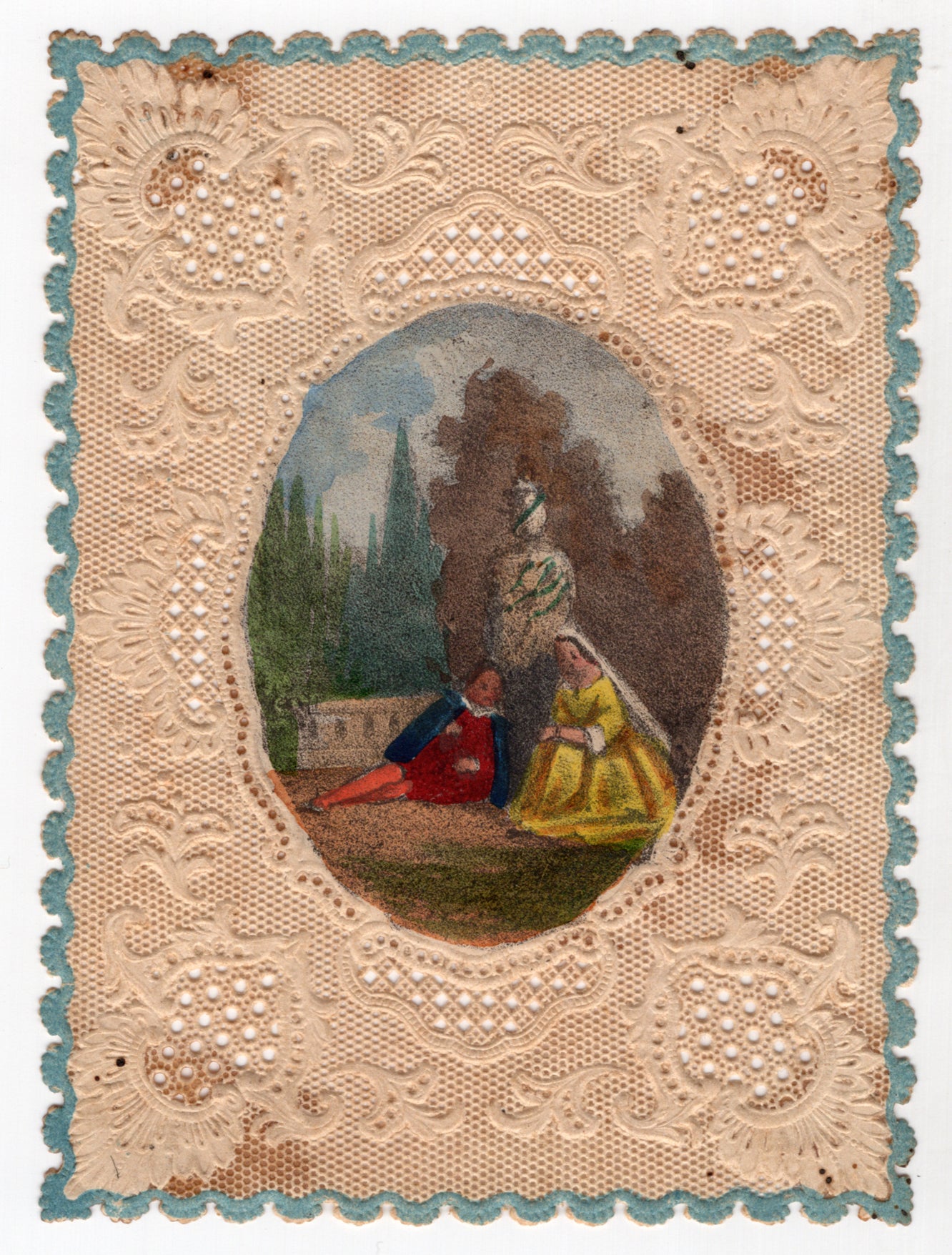 Lace Paper 12mo Valentine Edged in Blue with Hand-colored Image of Lovers
