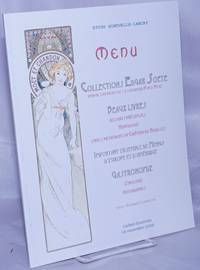 Menu; Collections Edgar Soete vendues au profit de l'Association Perce-Neige. Beaux Livres, Reliures Precieuses, Hippologie, Livres Provenant du Chateau de Noailles. Important ensemble de Menus d'Europe et d'Amerique. Gastronomie, Oenologie, Autographs. 18 novembre 2000