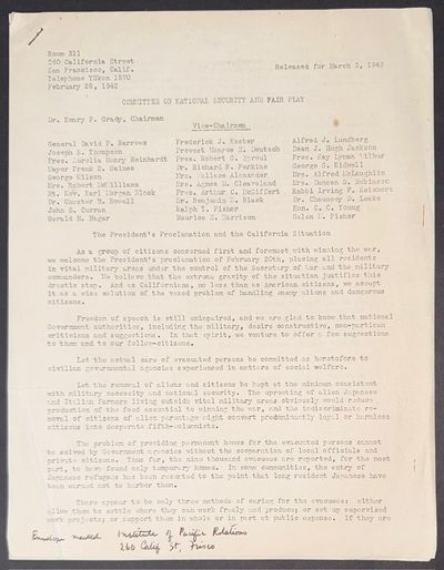 The President's Proclamation and the California Situation [press release dated March 3, 1942]