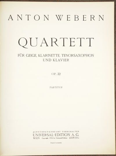 [Op. 22]. Quartett für Geige, Klarinette, Tenorsaxophon und Klavier [Score]