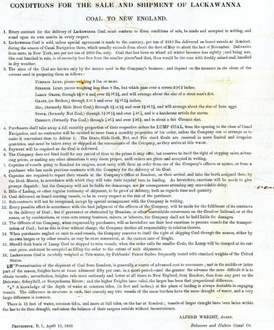 Conditions For The Sale And Shipment Of Lackawanna Coal To New England… Providence, R. I., April 12, 1853; and Autograph Letter Signed, Providence 22, March, 1854 to Messrs. Tileston & Hollingsworth, Boston