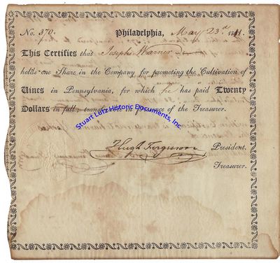 A Stock Certificate For An Early Pennsylvania Winery