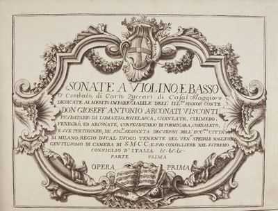 Sonate a Violino, e Basso o Cembalo, di Carlo Zuccari di Casal Maggiore Dedicate al Merito Imparegiabile Dell' Illmo. Signor Conte Don Gioseff' Antonio Arconati Visconti Feudatario di Lomazzo, Rovelasca, Guanzate, Cirimedo, Fenegrò, ed Arconate, Confeudatario di Formigara, Cornaleto, e sue Pertinenze; de Sigri. Sessanta Decurioni Dell Eccma. Citta di Milano; Regio Ducal Luogo Tenente Del Vendo. Spedale Maggiore Gentiluomo di Camera di S.M.C.C.: e suo Consigliere nel Supremo Consiglio d'Italia. &.&.&. Parte Prima [-Seconda]. Opera Prima. [Op. 1]. [Score]