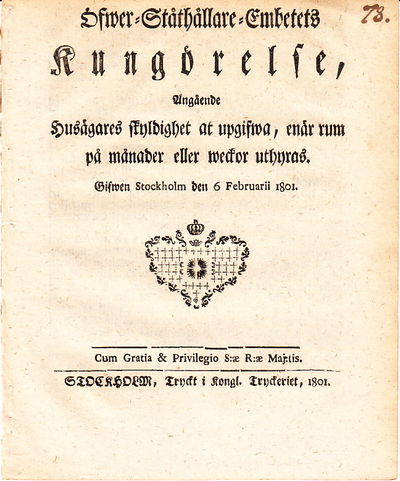 Öfwer-Ståthållare-Embetets Kungörelse, Angående…