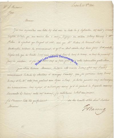 British Banker Sir Francis Baring Writes To French Colleague Jacques Recamier