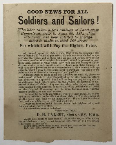 Send for a Copy of the New Pension Law. Ho! for Texas! The Lone Star State! Where Lands Are Cheaper Than in Any Other State... [printed with]: Good News for All Soldiers and Sailors! Who Have Taken a Less Amount of Land as a Homestead Prior to June 22, 1874... [caption titles]