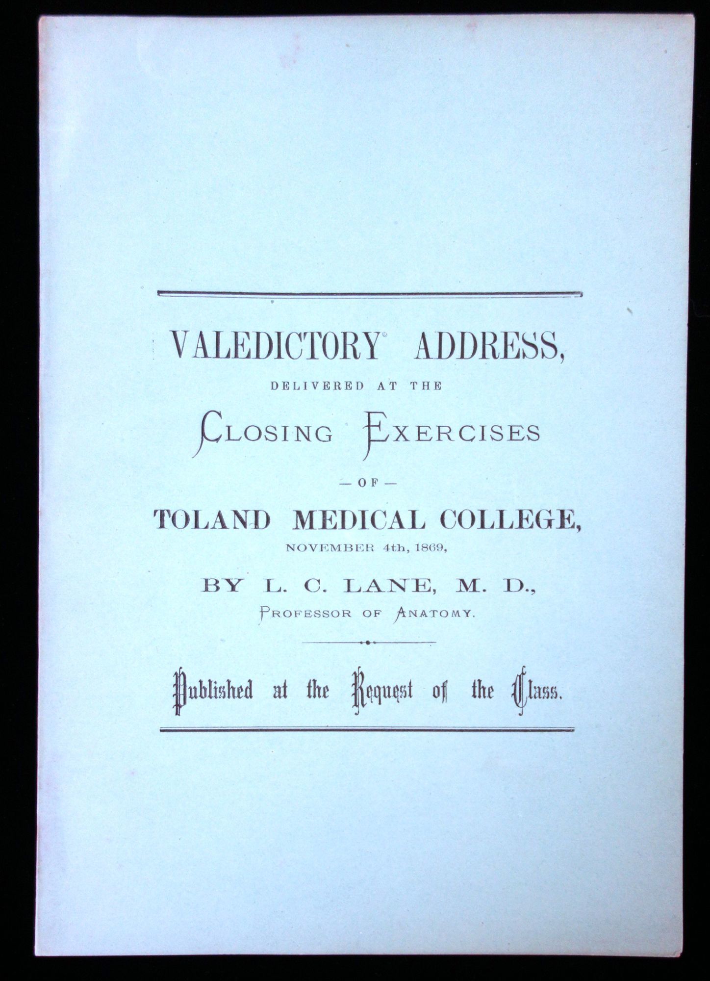 1869 Valedictory Address of Toland Medical College