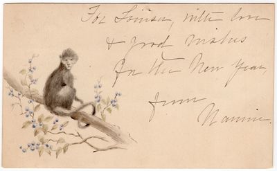 Greeting Card - Watercolor of a Monkey in a Tree with Blue Berries