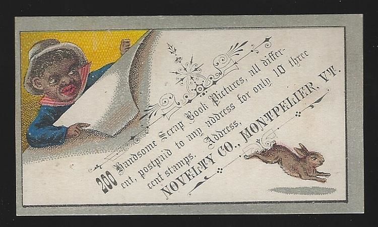 VICTORIAN TRADE CARD FOR NOVELTY CO., WITH AFRICAN AMERICAN BOY AND RABBIT
