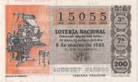 cover of Loteria E00517: hoja nº 35. Loteria Nacional. Nº 15055, serie 7ª, fracción 3ª, precio 200 pesetas, sorteo 10/80 del 8 de Marzo de 1980. Linotipia de Periodico