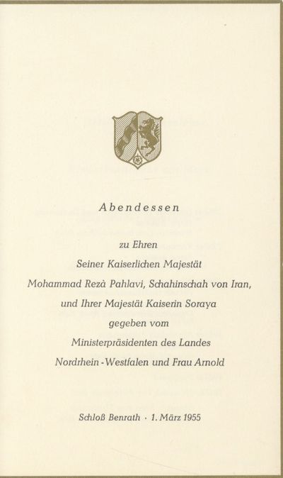 Abendessen, zu Ehren Seiner Kaiserlichen Majestat Mohammad Reza Pahlavi, Schinaschah von Iran und Ihrer Majestat Kaiserin Soraya gegeben vom Ministerprasidenten des Landes Nordrhein-Westfalen und Frau Arnold. Schloss Benrath, 1 March 1955