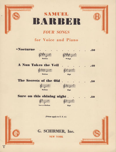 New York: G. Schrimer, 1941. Paper wrappers. A fine copy.. 8 pp. Folio. Barber set this poem of Prok...