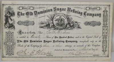 [VIRGINIA] [RICHMOND] [STOCK CERTIFICATE] THE OLD DOMINION SUGAR REFINING COMPANY. 1872