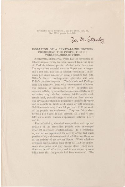 Isolation of a Crystalline Protein Possessing the Properties of Tobacco-Mosaic Virus ; From Science, Vol. 81, No. 2113, pages 644-645