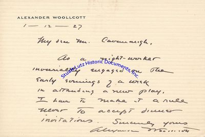 Drama Critic Alexander Woollcott Declines A Dinner Invitation On Account Of His Theatre-Going Responsibilities