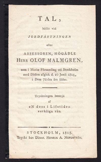 Tal, hållit vid jordfästningen efter assessoren,…