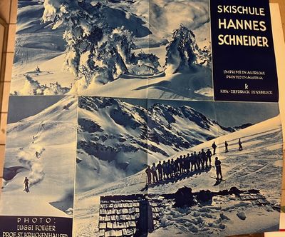 Reklameplakat for skistedet St. Anton i Østerrike og “Skischule Hans Schneider”. Vedlagt informasjon om stedet. (photo 2)