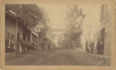 Photograph of Main St., San Andreas, Showing Presidential Campaign Banners and Local Residents