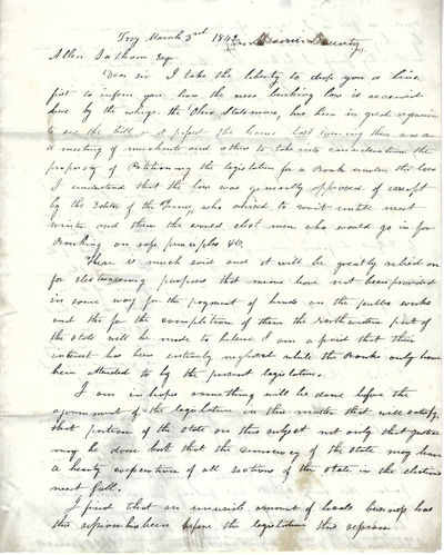 Autograph Letter Signed. Troy, Miami County, Ohio, March 3, 1842, to Allen Latham, State Senator, Columbus, Ohio