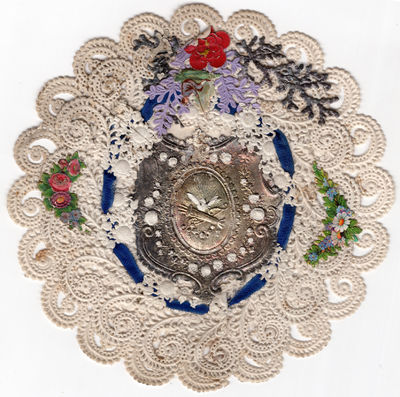 Intricate Circular Lace Paper Valentine with Embossed Scrap, Woven together with Silk Ribbon