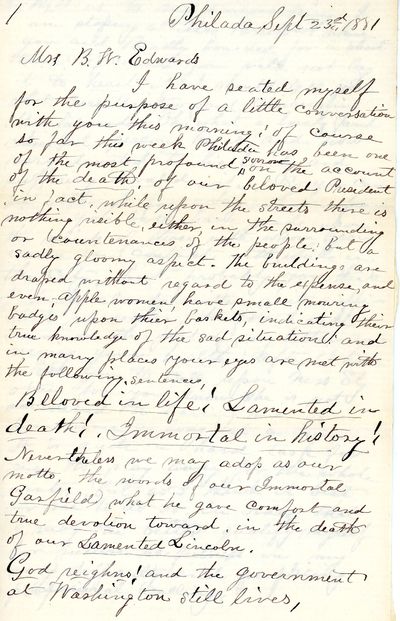 Autograph Letter Signed, Jefferson Medical College, Philadelphia, September 23, 1881, to Mrs. B. W. Edwards, Laceyville, Pennsylvania