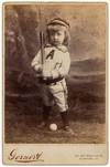 [Cabinet Card photograph]: Cherubic Tow-Headed Toddler Dressed in Base Ball Gear