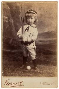 [Cabinet Card photograph]: Cherubic Tow-Headed Toddler Dressed in Base Ball Gear