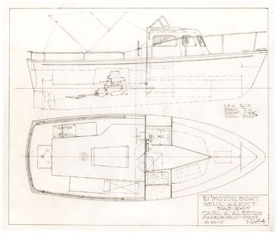 Original, Hand-Drawn Carl Alberg Motor Boat Design