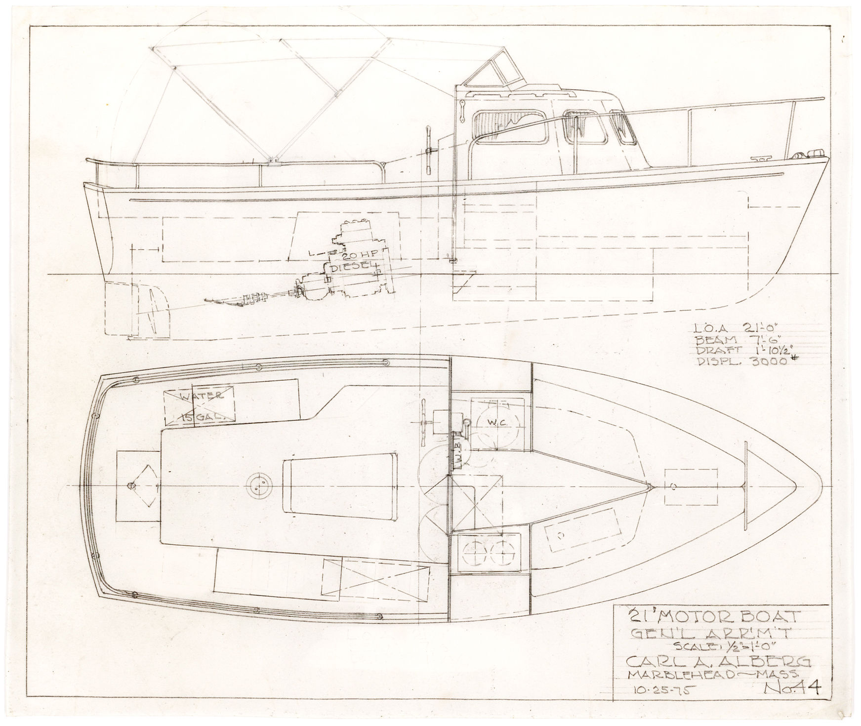 Original, Hand-Drawn Carl Alberg Motor Boat Design