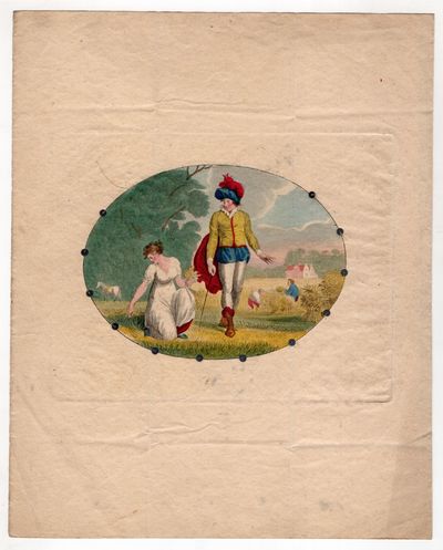 Hand-colored Romantic Pastoral Theme Etching with Sequin boarder