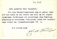 Maschinenschriftl. Postkarte mit Unterschrift. Datiert 20.08.63.