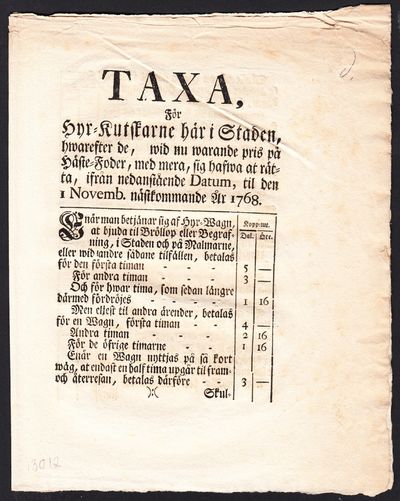 Taxa, för Hyr-Kutskarne här i Staden, hwarefter…