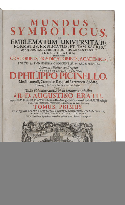 Mundus Symbolicus, in emblematum universitate formatus, explicatus, et tam sacris, quam profanis eruditionibus ac sententiis illustratus. Editio novissima à plurimis mendis, quibus prior scatet, repurgata. 2 vols.  - [PICINELLO'S BEAUTIFUL EMBLEMS] (photo 3)