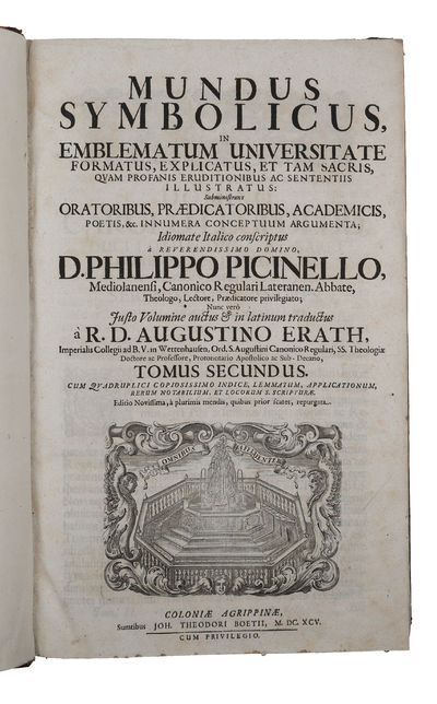 Mundus Symbolicus, in emblematum universitate formatus, explicatus, et tam sacris, quam profanis eruditionibus ac sententiis illustratus. Editio novissima à plurimis mendis, quibus prior scatet, repurgata. 2 vols.  - [PICINELLO'S BEAUTIFUL EMBLEMS] (photo 4)