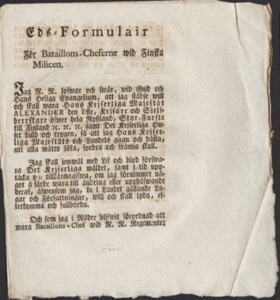 Eds-formulair för Bataillons-Cheferne wid Finska…