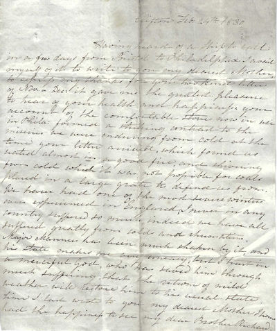 Autograph Letter Signed, Clifton, England, February 24, 1830, to her mother, Julia Stockton Rush, Philadelphia