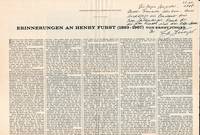 Erinnerungen an Henry Furst (1893-1967). Zeitungsbeitrag. Frankfurter Allgemeine Zeitung, Nr. 214, 14. September 1968.