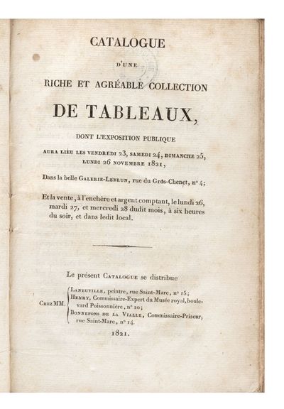 Catalogue d’une riche et agréable Collection de Tableaux, Et la vente…le lundi 26, mardi 27, et mercredi 28 dudit mois [November]…