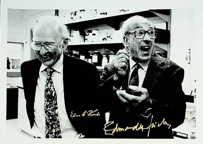 Photograph of Nobel laureates Edmond H. Fischer and Edwin G. Krebs in a laboratory, signed by both scientists