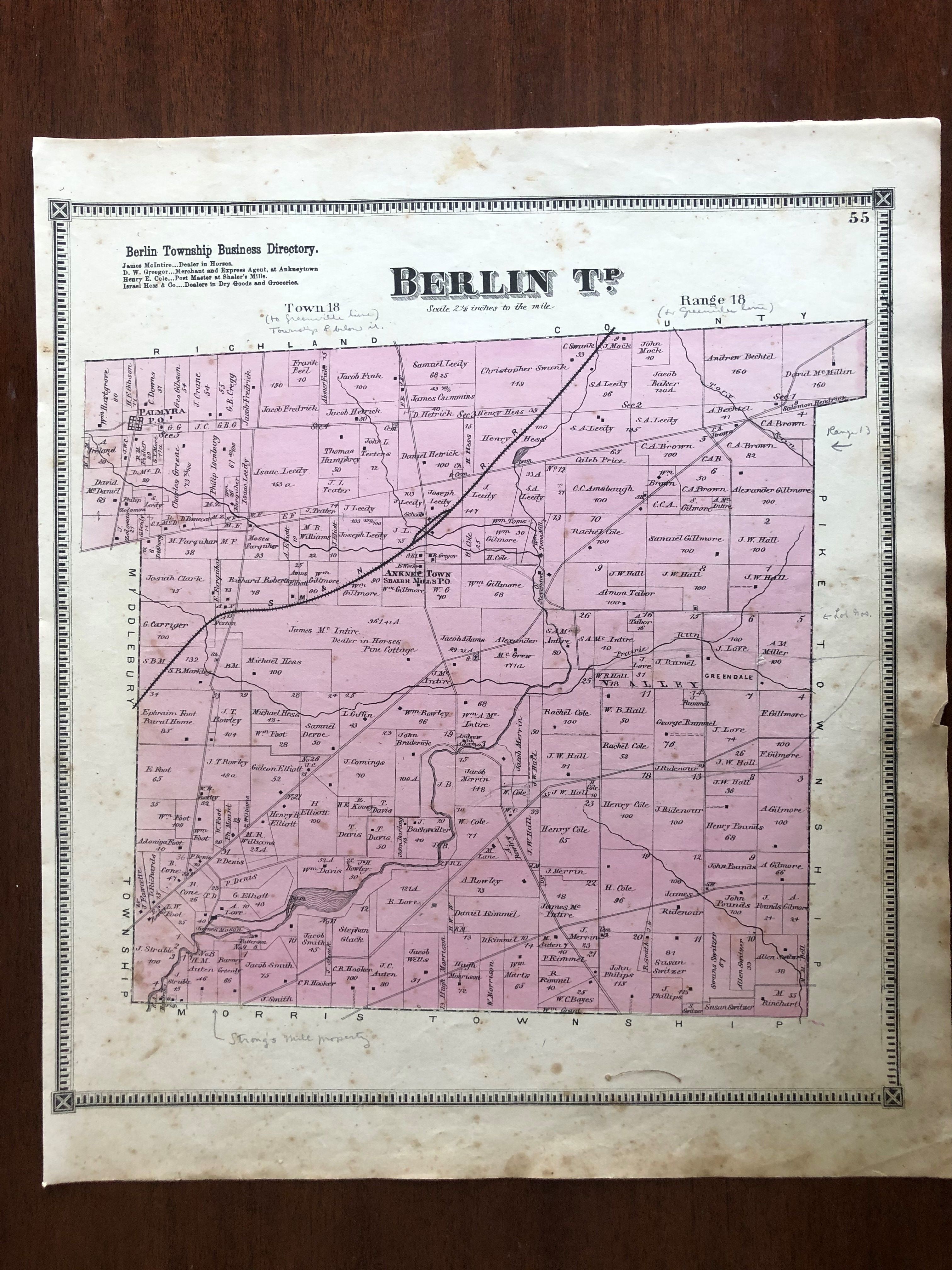 Knox County Township Map 1871 Berlin Township, Ohio Map, Caldwell & Starr Atlas Of Knox County, Oh  By J.a. Caldwell & J.w. Starr - 1871 - From Blocher Antiquarian (Sku: 169)