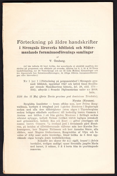 Förteckning på äldre handskrifter i Strengnäs…