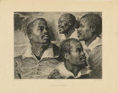 Etching titled, "Etudes des Negres", published by Alfred Salmon, approx. 10 1/2 x 8 3/8 inches on cream colored Japanese style paper. "Edm. Ramus, sc" is printed under the right lower corner of the image. Under the left lower corner, "P.P. Rubens, poinx." is printed and and in the middle "Imp. A. Salmon" who printed this etching. Docketed on lower right in pencil, "original etching after Rubens." A striking image