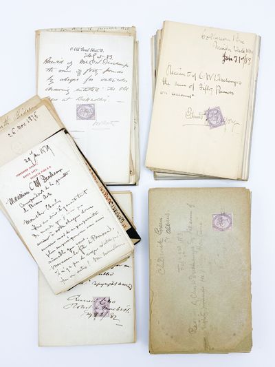 A file of correspondence by five artists: Sir Lawrence Alma-Tadema; Sir George Causen; Edward John Gregory; John William North; and William Stott (of Oldham); to the London picture dealer Charles Deschamps (about seven letters are to his assistant W. P. H. Groome or others), 1872-1888